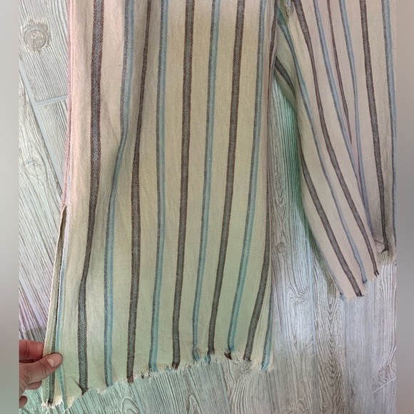 Rewash Linen Paper Bag Waist Wide Leg Striped Raw Edge Split Hem Crop Pants L - Picture 6 of 11
